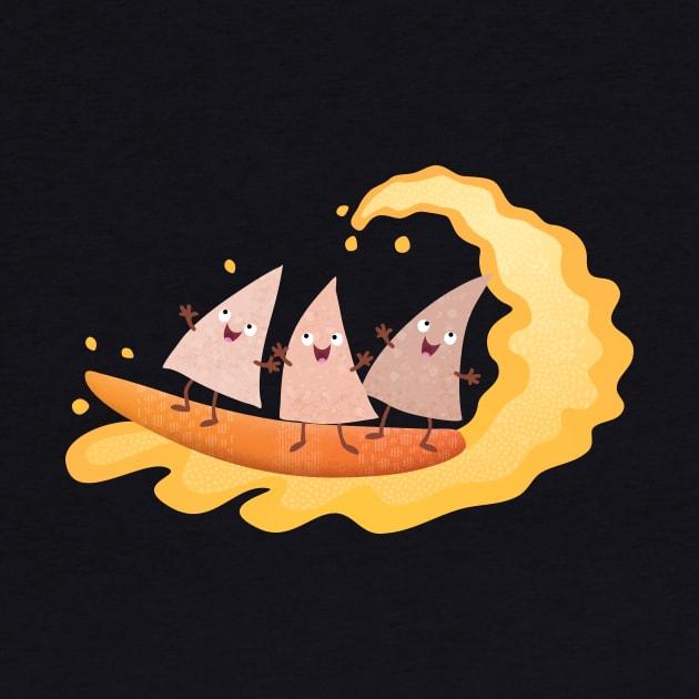 Cute nachos corn chips surfing cartoon by FrogFactory